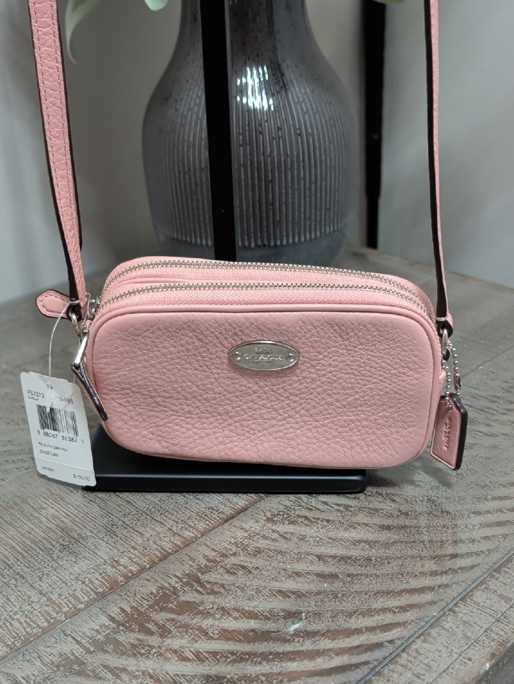 Pink Pebbled Leather Double Zip Mini Crossbody Bag